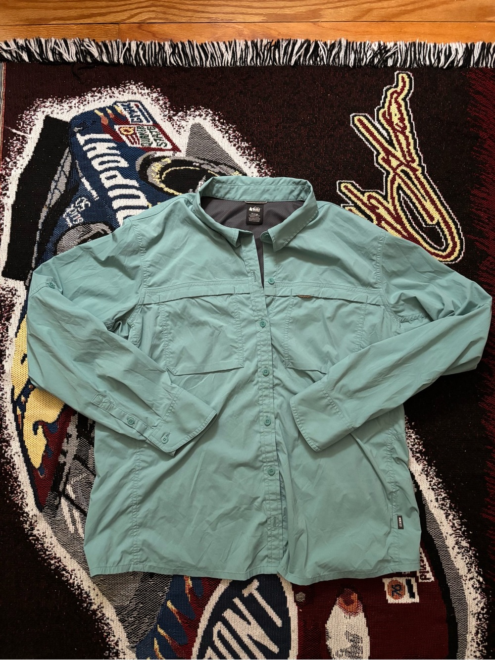 REI Co-op Women's Sahara Long Sleeve Hiking Shirt Vented Teal Green Button Up